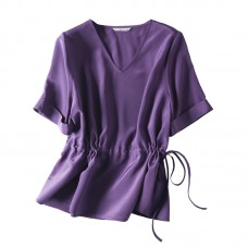 真絲紫色短袖抽繩上衣